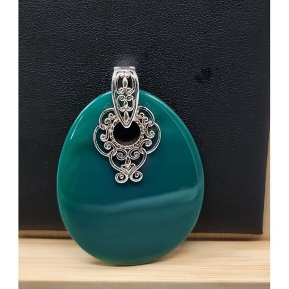 ATR Sterling Silver Green Onyx Pendant Oval Gemstone Signed 925 - Picture 6 of 12